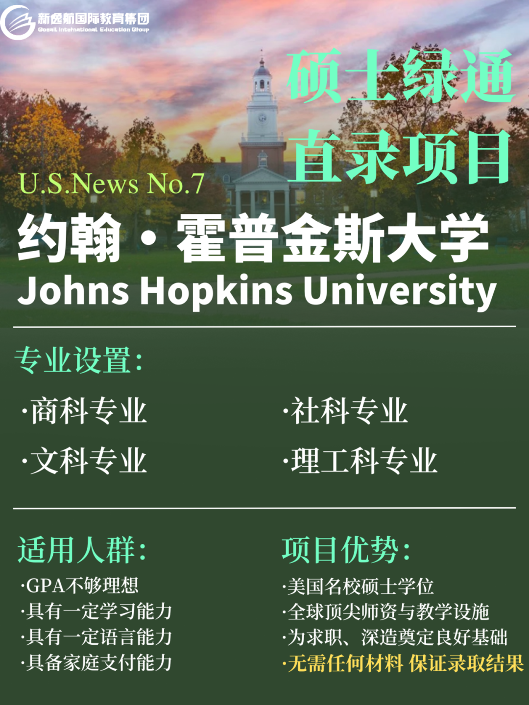 项目介绍 | 美国TOP10！约翰·霍普金斯大学研究生低GPA无条件保录！