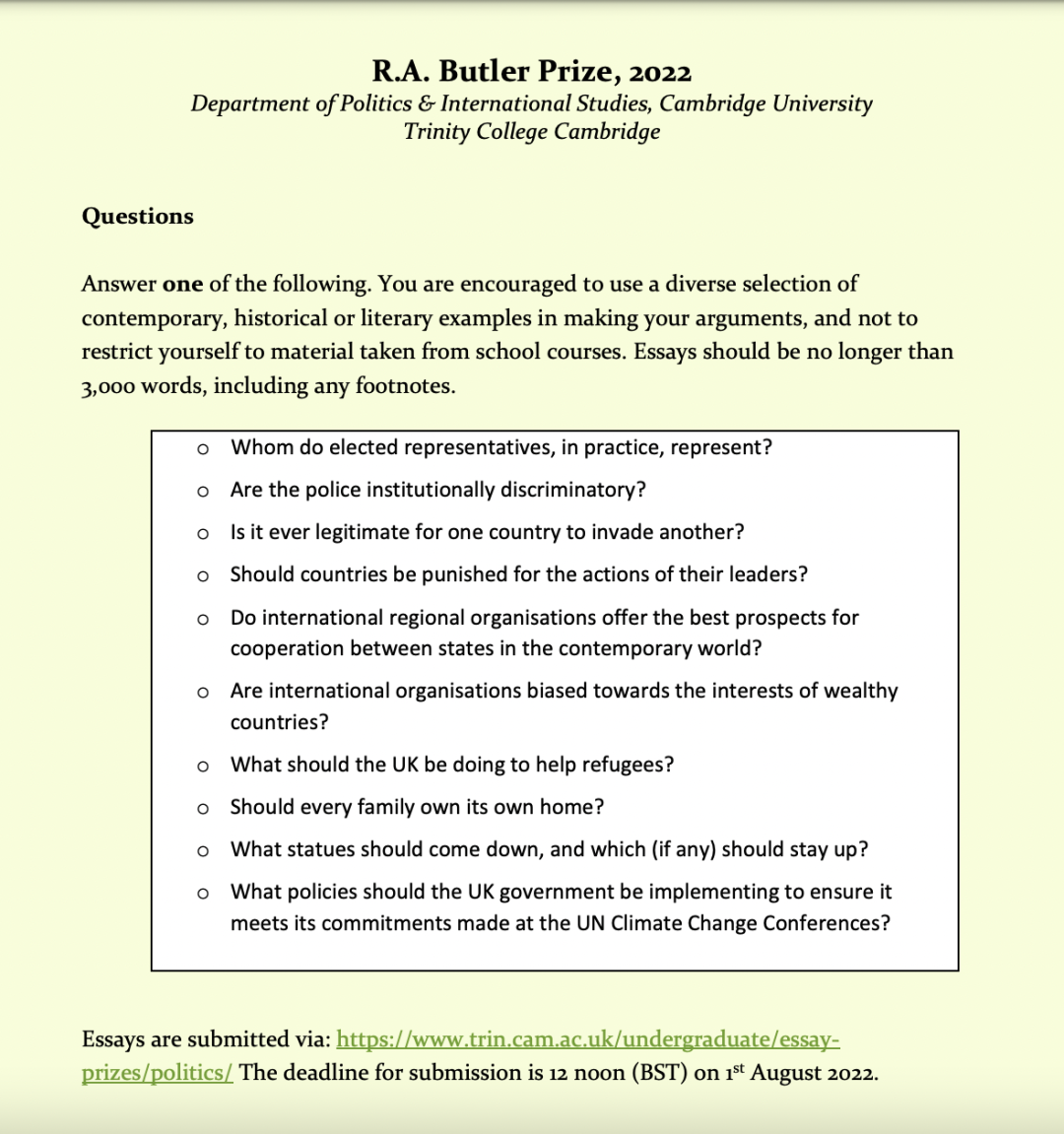 Blue独家解读：剑桥大学三一学院官方竞赛“The R.A. Butler Prize ”论文题