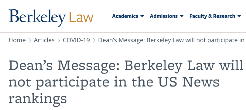 哈佛耶鲁之后，加州伯克利法学院也宣布退出U.S.News排名！