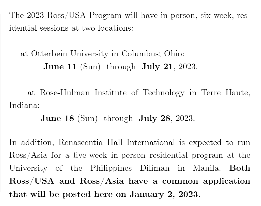 2023年罗斯数学营已开放申请，亚洲营放弃中国，改在菲律宾举办！
