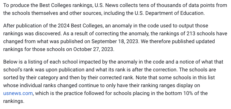 U.S.News官方声明排名搞错了！213所学校排名重组，又一大学跌出前30！