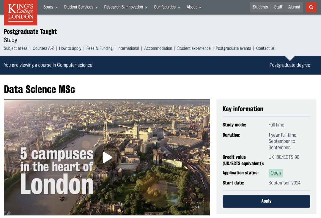 英国 | KCL 数据科学硕士24fall申请要求、截止日期及录取数据 英国 | KCL 数据科学硕士24fall申请要求、截止日期及录取数据