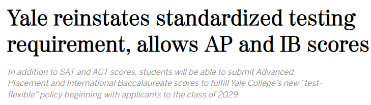 耶鲁大学官宣恢复标化！AP/IB成绩可替代ACT/SAT
