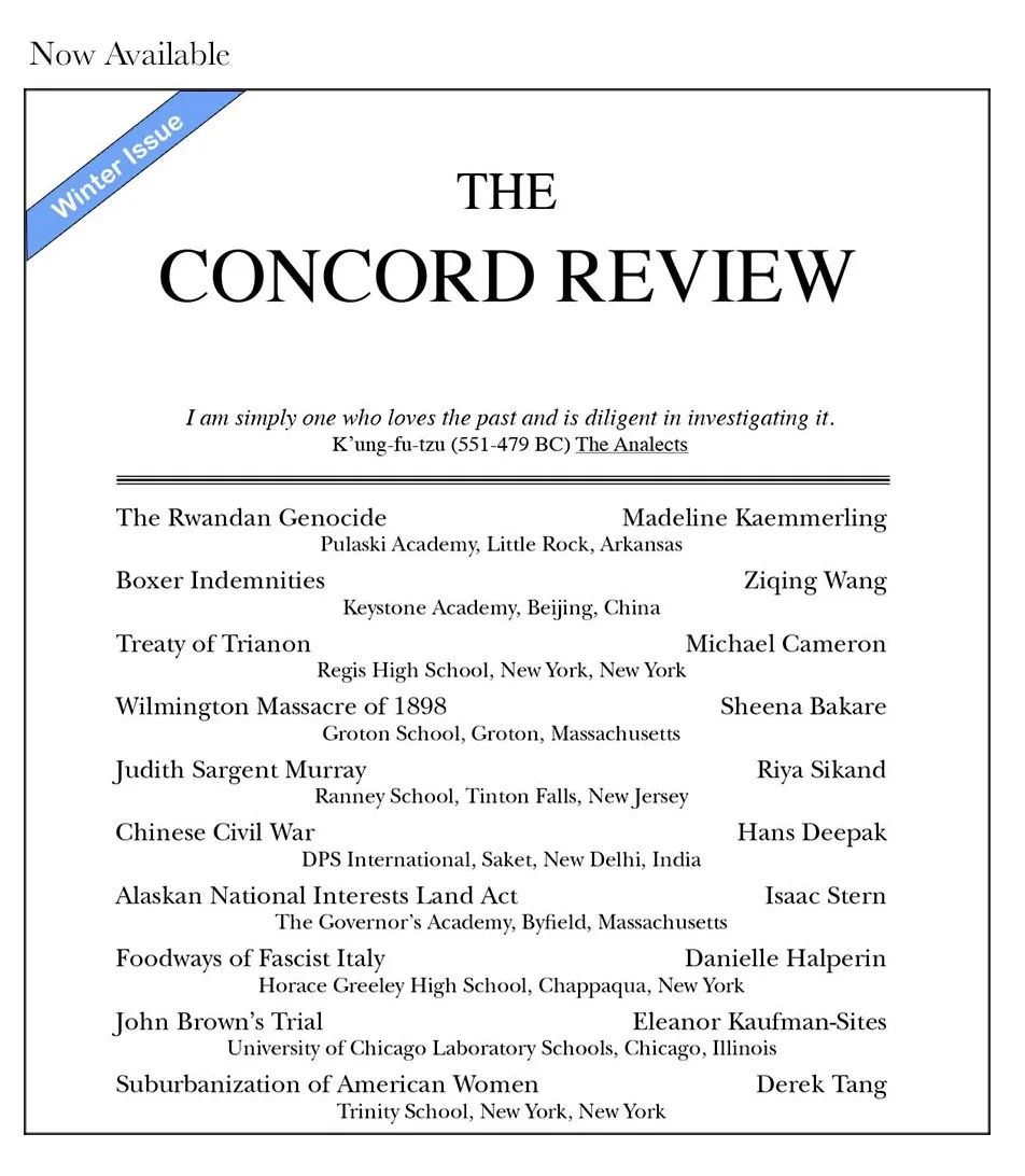 国际顶尖历史论文大赛The Concord Review备赛进行中