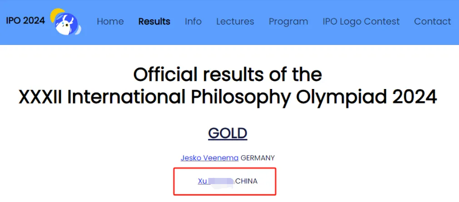 中国学生斩获第32届国际哲学奥林匹克竞赛(IPO)金奖